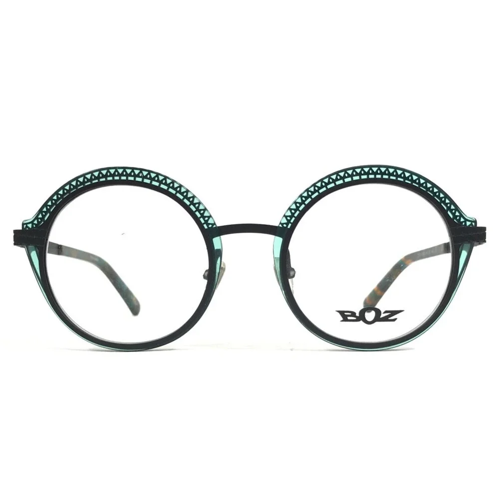 Boz Eyeglasses Frames ITZA 4000 Black Clear Green Round Full Rim 48-21-140